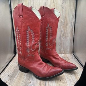 Vtg LARRY MAHAN RED SNAKESKIN LEATHER COWBOY BOOTS -SIZE 8 (275) MADE IN TEXAS